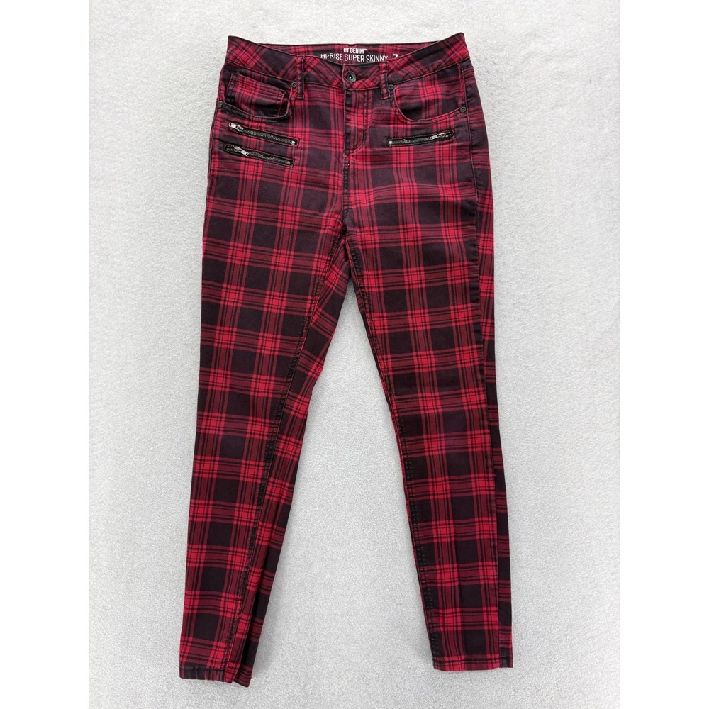 Hot Topic Denim Hi-Rise Super Skinny Jeans Womens 7 Red Plaid Zip Pockets Gothic